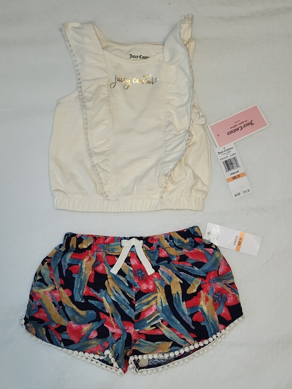 NWT Juicy Couture Girls Cream Ruffle Top & Tropical Floral Pom Pom Shorts Set